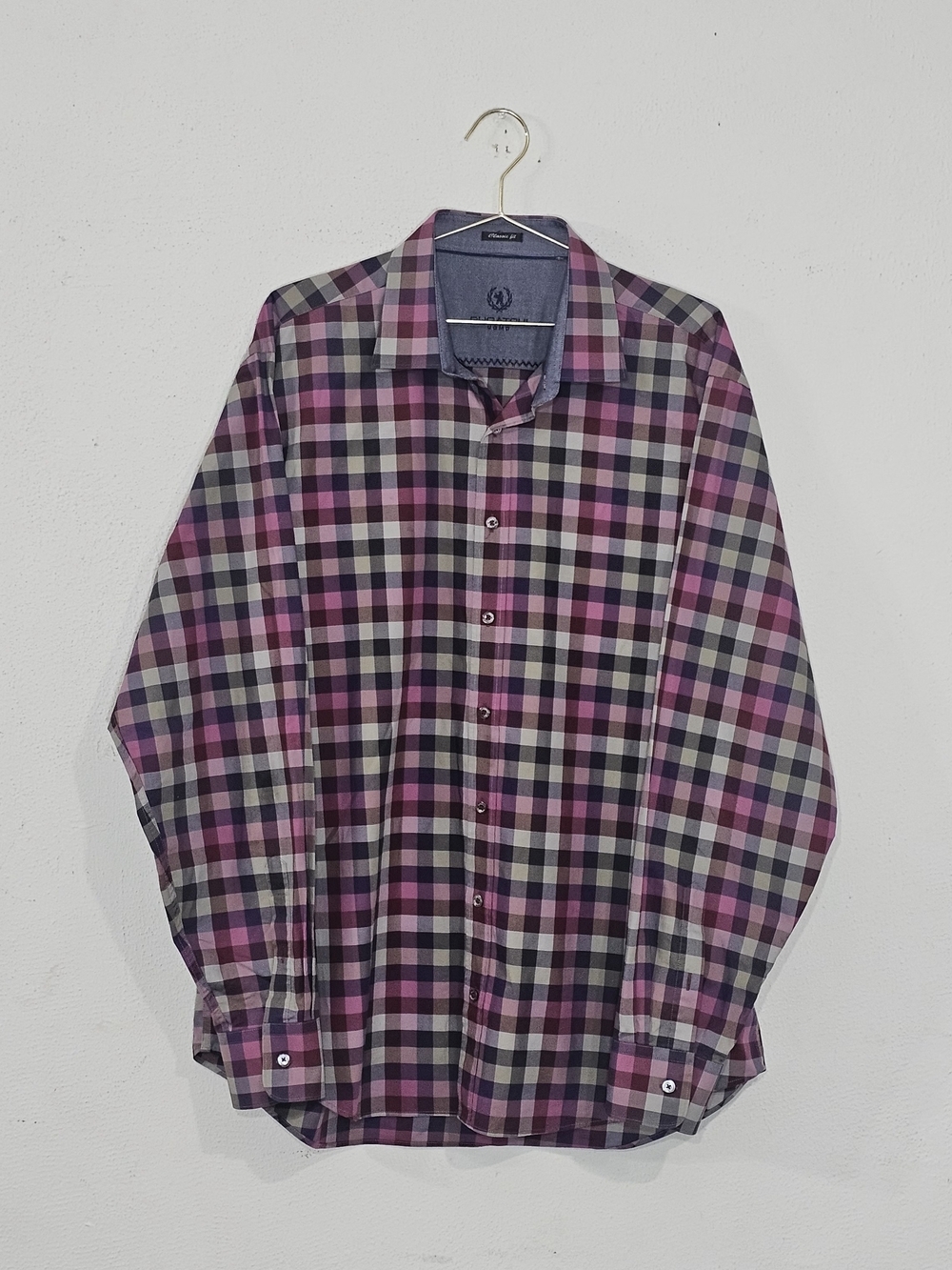Bugatchi Men's Pink & Black Plaid Button-Down Shirt Preppy Formal Casual